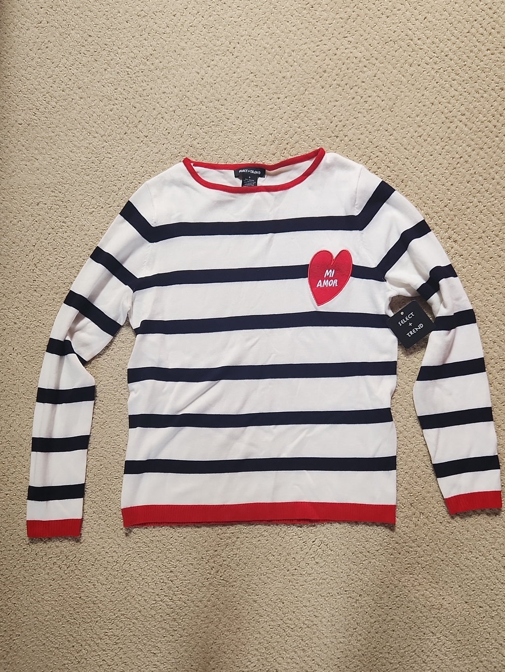 Striped Crewneck Sweater with Heart Patch - White, Navy & Red